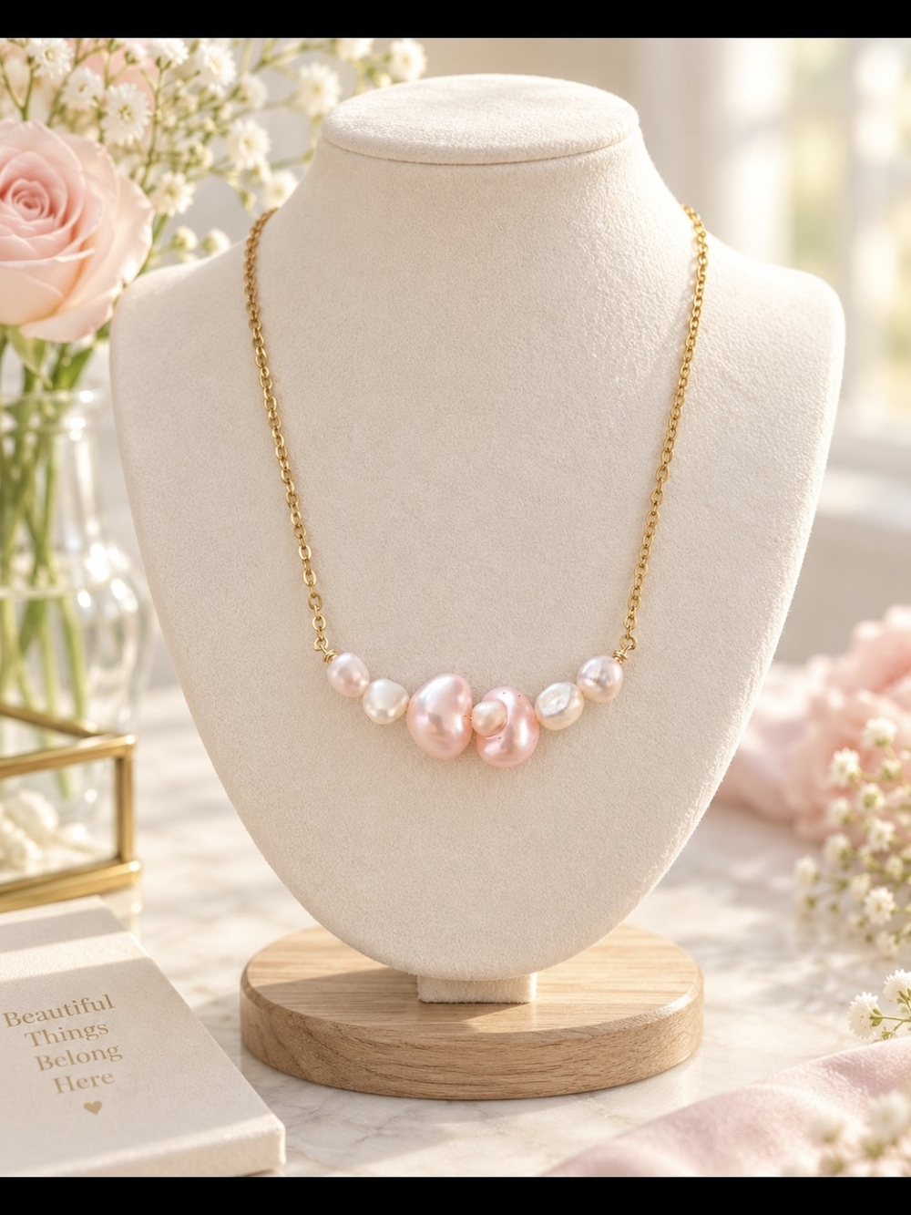 Gold Chain Necklace with Authentic  Light Pink Luster Freshwater  Pearls
